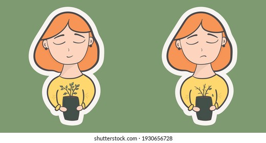 Pegatina dibujada a mano, linda caricaturista aislada con el pelo naranja sosteniendo una planta maceta sin hojas y sosteniendo una maceta y sonriendo
