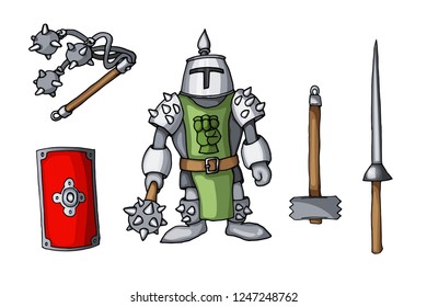 Hand drawn sticker knights colored doodle weapons set isolated on white. Vector illustration. Perfect for invitation, greeting card, coloring book, textile print.
