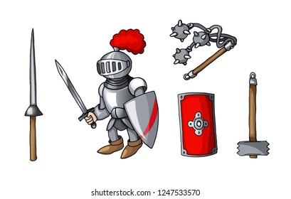 Hand drawn sticker knights colored doodle weapons set isolated on white. Vector illustration. Perfect for invitation, greeting card, coloring book, textile print.