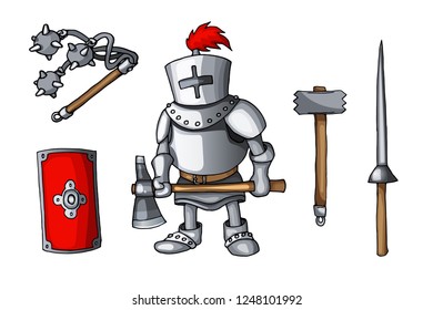Hand drawn sticker knights colored doodle weapons set isolated on white. Vector illustration. Perfect for invitation, greeting card, coloring book, textile print.