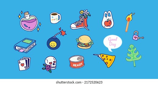 Hand Drawn Sticker Pack , isolated vector patches, pins, stamps or sticker pack with funny cute characters and trendy illustrations. Colorful planning decoration , Prints and social media post