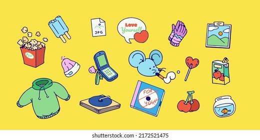 Hand Drawn Sticker Pack , isolated vector patches, pins, stamps or sticker pack with funny cute characters and trendy illustrations. Colorful planning decoration , Prints and social media post