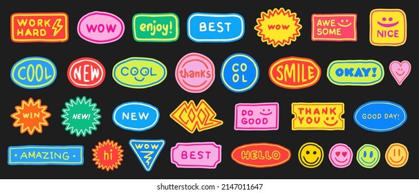 Hand Drawn Sticker Pack. Set Of Cool Vector Patches. Collection Of Trendy Pop Art Badges. Smile Emoticon Pins.