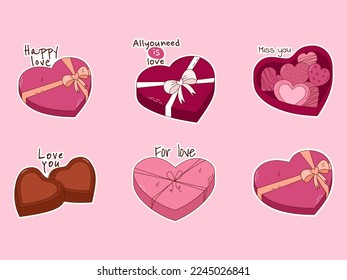 Handgezeichneter Aufkleber mit Pralinen in einer Schachtel für den Valentinstag. Design-Elemente für Poster, Grußkarten, Banner und Einladungen.