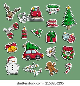 Hand drawn sticker set of Christmas things in doodle style. Christmas and New Year's stickers. Vector illustration.