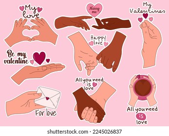 Hand drawn sticker set of hands in the shape of hearts for Valentine day. Design elements for posters, greeting cards, banners and invitations.