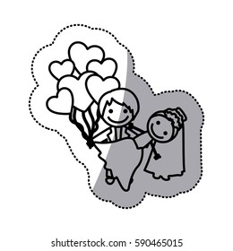 hand drawn sticker silhouette with married couple and balloons of hearts vector illustration