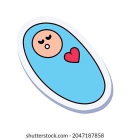 Hand drawn sticker with sleeping wrapped baby vector illustration