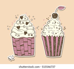 Hand drawn sticker two sketchy sweet cake. Vector illustration.