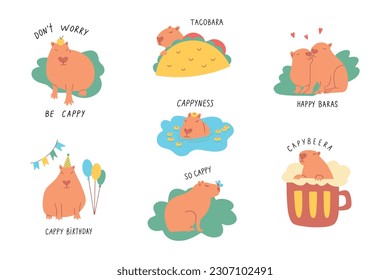 Hand drawn stickers with capybaras. Cute animals cartoon vector illustration isolated on white background.