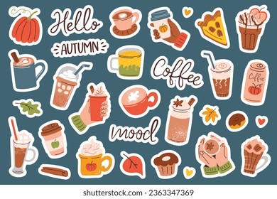 Hand drawn stickers collection, coffee doodle icons, vector illustrations of cups, mugs and glasses with autumn drinks, pumpkin spice latte, isolated colored clipart on blue background