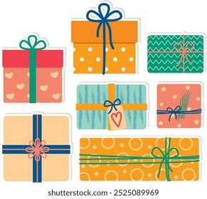 Hand drawn stickers with cute boxes. Set of colorful different holiday gifts
