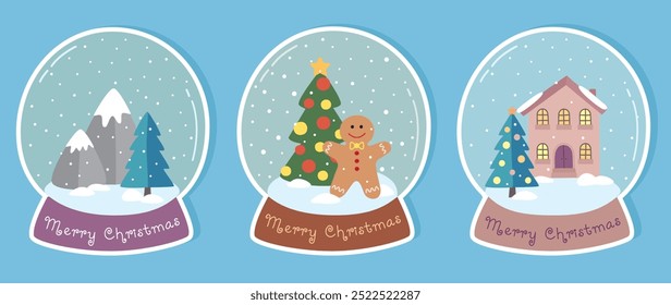 Hand drawn stickers with cute snow globes. Merry Christmas concept	