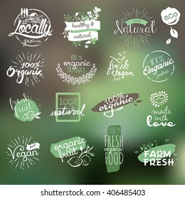 Hand drawn stickers and elements collection for organic food and drink, natural products, restaurant, healthy food market and production, on the nature background. Vector illustrations.
