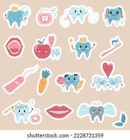 Hand drawn stickers with kawaii teeth characters in cartoon flat style. Vector illustration of healthy and sick tooth