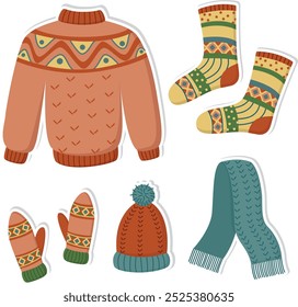 Hand drawn stickers with knitted clothes. Cute woolen  scarf, hat, sweater, socks and mittens 