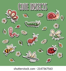 Hand drawn stickers set of cute insects in doodle sketch style. Vector illustration for icon, background, frame design.