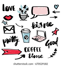Hand drawn stickers. Signs and symbols for organized your planner. Vector template with  design elements for schedule,  invitations or organize notebooks, diaries , cards.
