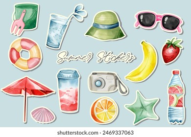 Hand drawn stickers summertime clipart. Watercolor set of summer stickers. Summer stuff set.