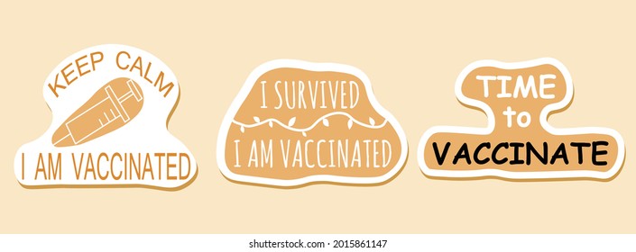 Hand drawn stickers with text i am vaccinated, i got my covid shot.
Trendy modern lettering illustrations about pandemic vaccination.