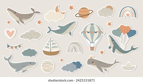 Hand drawn stickers with whales, clouds, rainbows, ships. Vector illustration for cards, wall, scrapbooking