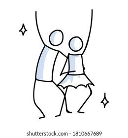 Hand drawn stickman 60s disco couple dancer concept. Simple outline ballerina figure doodle icon clipart. For dance studio or nightclub sketch illustration. 
