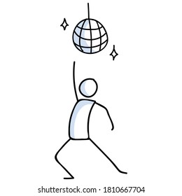 Hand drawn stickman 70s disco dancer concept. Simple outline ballerina figure doodle icon clipart. For dance studio or nightclub sketch illustration. 