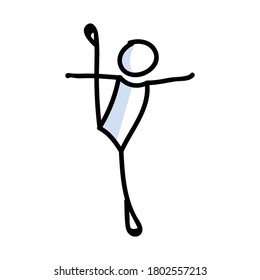 Hand drawn stickman ballet dancer jump concept. Simple outline ballerina figure doodle icon clipart. For dance studio or theatre performer sketch illustration. 