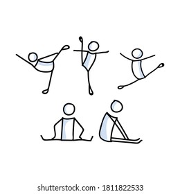 Hand drawn stickman ballet dancer stretch set concept. Simple outline ballerina figure doodle icon clipart. For dance studio or theatre performer sketch illustration. 