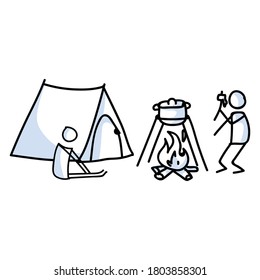 Hand Drawn Stickman Camping Tent And Campfire Concept. Simple Outdoor Vacation Doodle Icon For Staycation, Family Travel Adventure Clipart. Simple Getaway Figure Illustration. 