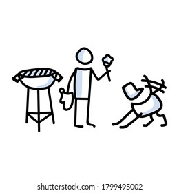 Hand Drawn Stickman Cookout With Dog Bbq Concept. Simple Outdoor Vacation Doodle Icon For Staycation, Family Travel Adventure Clipart. Simple Getaway Figure Illustration. 