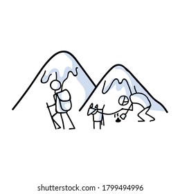 Hand Drawn Stickman Hiking With Dog Concept. Simple Outdoor Vacation Doodle Icon For Staycation, Family Travel Adventure Clipart. Simple Getaway Figure Illustration. 