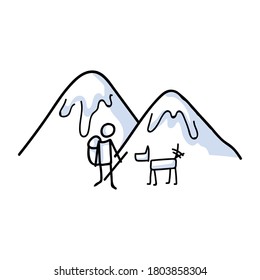 Hand Drawn Stickman Hiking With Dog Concept. Simple Outdoor Vacation Doodle Icon For Staycation, Family Travel Adventure Clipart. Simple Getaway Figure Illustration. 