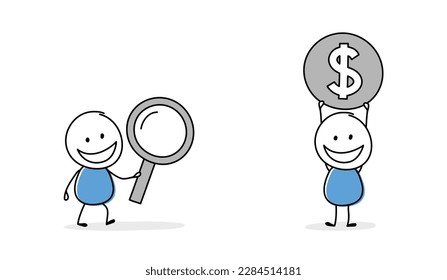 Hand drawn stickman holding magnify glass and money symbol. Cartoon style icon set. Vector illustration