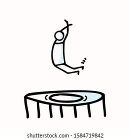 Hand Drawn Stickman Jumping in Air on Trampoline. Concept Physical Exercise. Simple Icon Motif for Jumpo for Joy Stick Figure Pictogram. Energy, Movement, Sport, Gym Bujo Illustration. Vector EPS 10.
