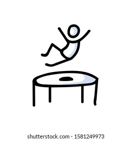 Hand Drawn Stickman Jumping on Trampoline. Concept Physical Exercise. Simple Icon Motif for Trapmolining Stick Figure Pictogram. Energy, Movement, Sport, Gym Bujo Illustration. Vector EPS 10.