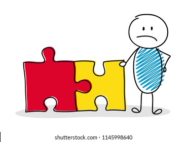 Hand drawn stickman with puzzles icon - business concept. Vector.