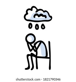 Hand drawn stickman sad crying concept. Simple outline mental health doodle icon clipart. For depression awareness sketch illustration. 