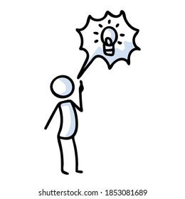 Palo dibujado a mano con idea de la bombilla de habla. Simple contorno genius pensamiento doodle icono clipart. Para una curiosa ilustración de boceto de ideas brillantes.