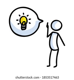 Hand drawn stickman with speech bubble lightbulb idea. Simple outline genius thought doodle icon clipart. For curious bright idea sketch illustration.