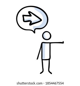 Hand drawn stickman with speech bubble pointing right direction. Simple outline direction pointing doodle icon clipart. For arrow sketch illustration. 