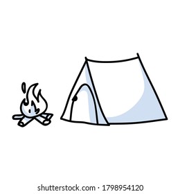 Hand Drawn Stickman Tent And Campfire Concept. Simple Outdoor Vacation Doodle Icon For Staycation, Family Travel Adventure Clipart. Simple Getaway Figure Illustration. 