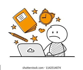Hand drawn stickman working on laptop with school background. Vector. 
