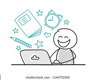 Hand drawn stickman working on laptop with school background. Vector. 
