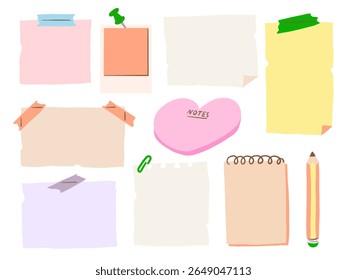 Hand Drawn Sticky Note and Stationery. A playful set of hand drawn memo sheets pins paper scraps notebooks and a pencil in colorful doodle. Perfect for journals planners and digital stationery kits