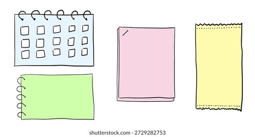 Handgezeichnete Haftnotizen und Planerpapiere mit Kalendernotizbuch und Merkblättern doodle Stil Vektorgrafik