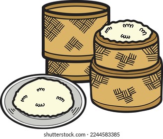 Hand Drawn sticky rice and bamboo box illustration isolated on background