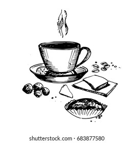Hand Drawn Still Life with Coffee Cup. Sketch Coffee Illustration In Monochrome Style. Vintage Sketch. Great for Label, Banner, Poster