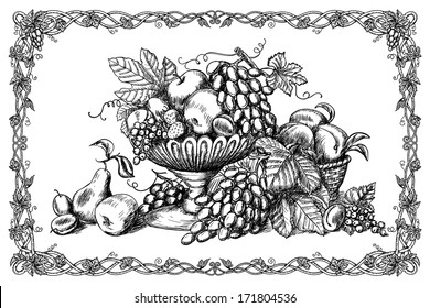 Hand drawn still life with fruits and decorative frame in vintage style