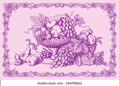Hand drawn still life with fruits and decorative frame in vintage style